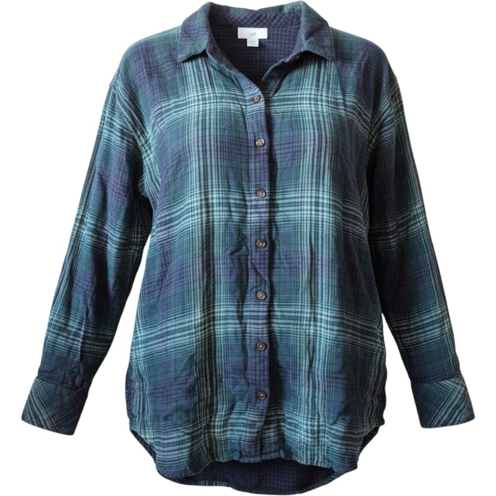 J. Jill Plaid Button Down Shirt Womens Medium Petite Green Blue Rayon Pockets